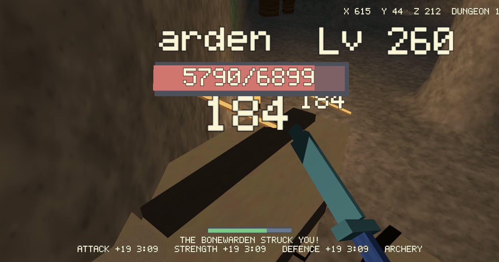 First-person sword fight against the level 260 Bonewarden in a Hiili dungeon