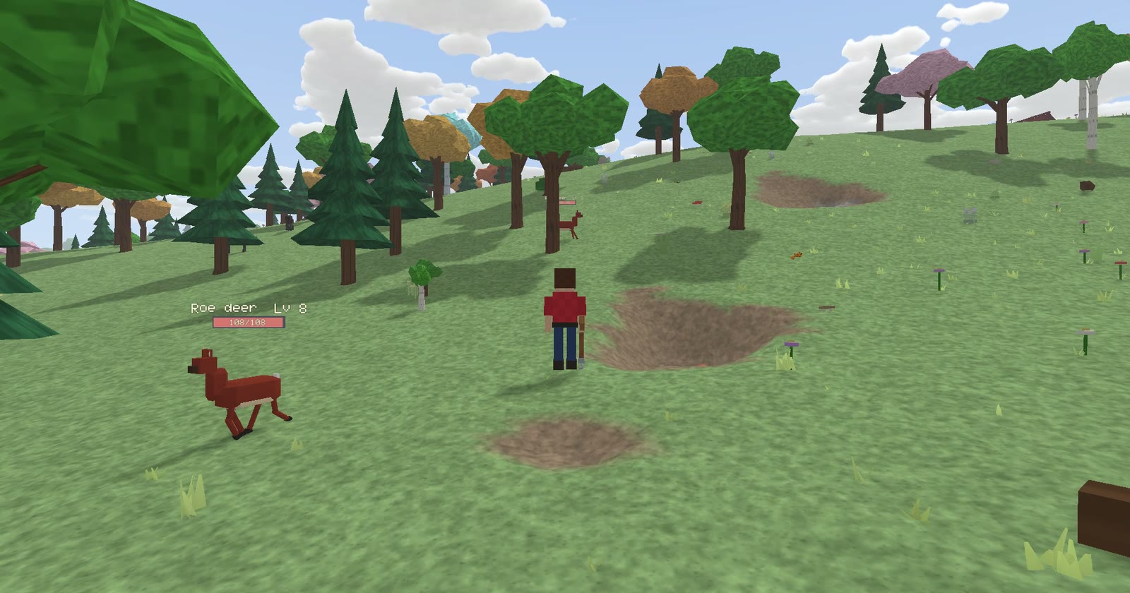 A player running through a sunny mixed forest in Hiili as a deer bolts past